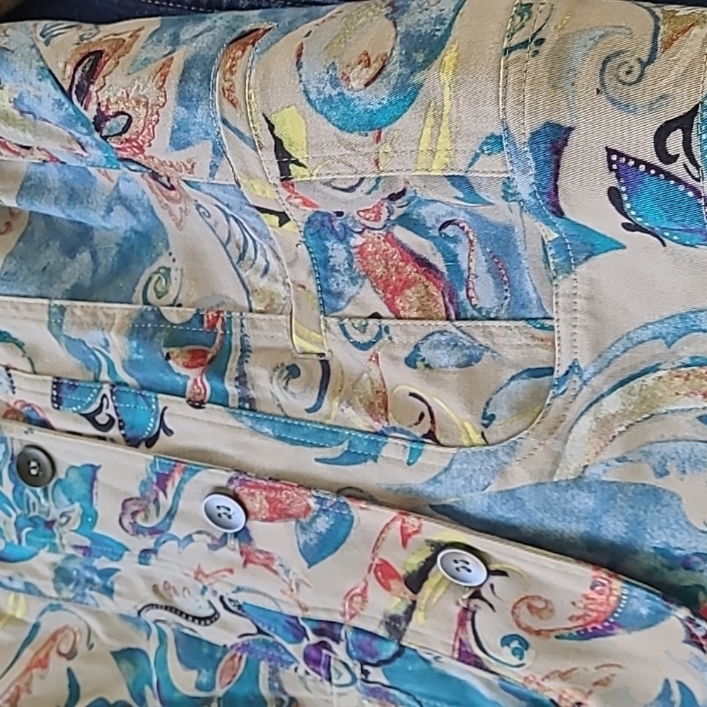 Chico's Floral Paisley Tan Blues Multi color cotton blend Women's Jacket‎ M - Picture 8 of 10